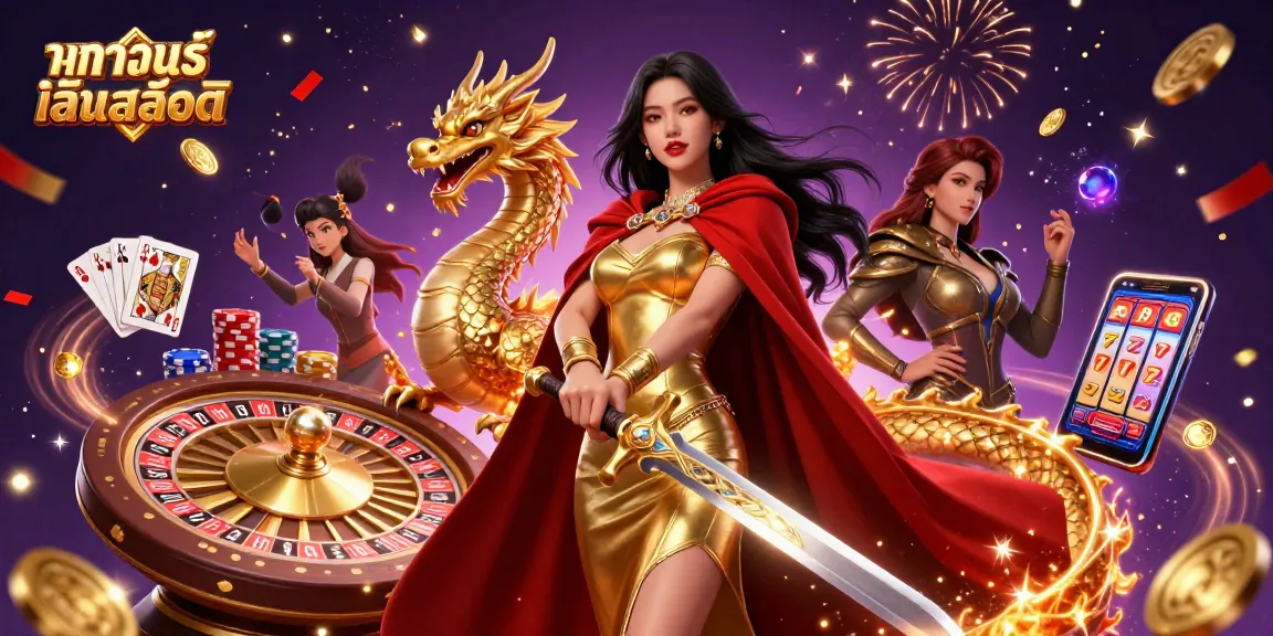 Experience ทดลองเล่นสล็อต with a stunning warrior queen and golden dragon amidst dynamic casino elements.