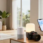 IKEA smart home setup in a modern living room with smart lighting and speaker.