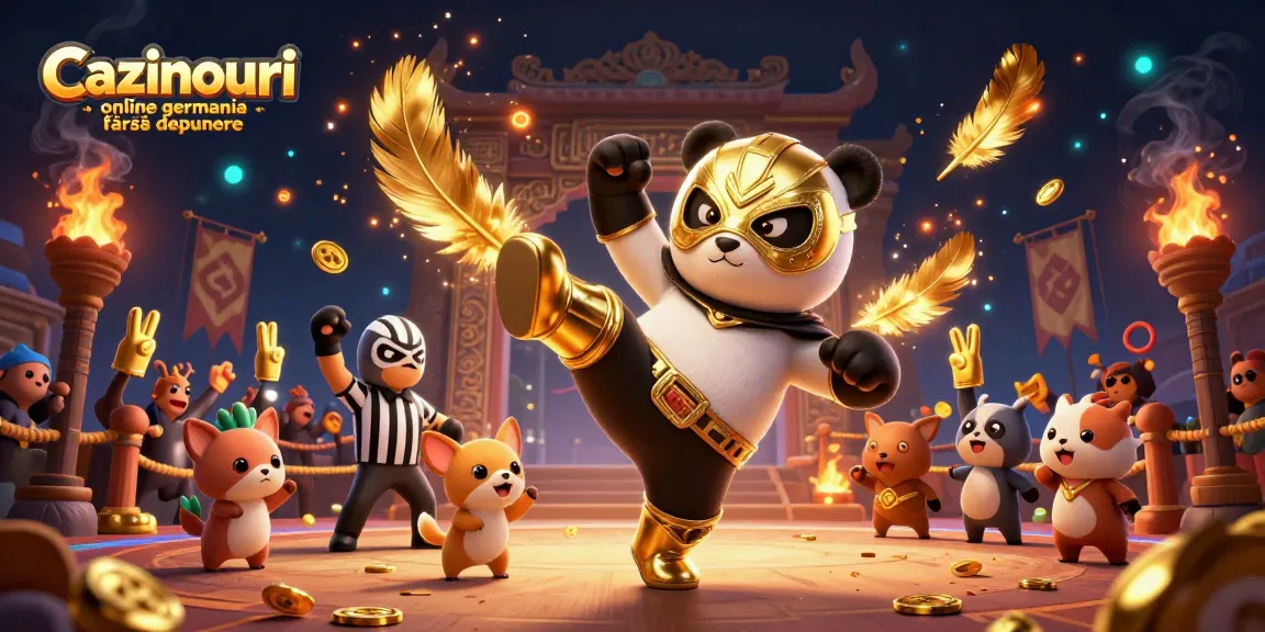 Cazinouri online germania fără depunere showcases a thrilling casino scene featuring a lively panda wrestler amidst vibrant slot games and cheering animal spectators.