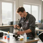 DPF Reinigung Hannover Dienstleistungen in einer Kfz-Werkstatt mit Technikern, die Filter inspizieren