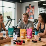 Im Astera Shop diskutieren Fitnessenthusiasten intensiv über Produkte zur Leistungssteigerung.