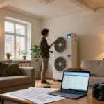 Wärmepumpe im Altbau installation in a stylish living room with modern efficiency features.
