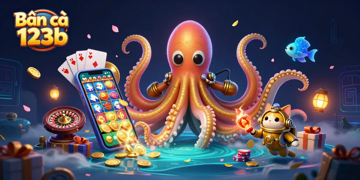 Experience Bắn cá 123b with a dramatic underwater scene featuring a kraken and dynamic gaming elements.