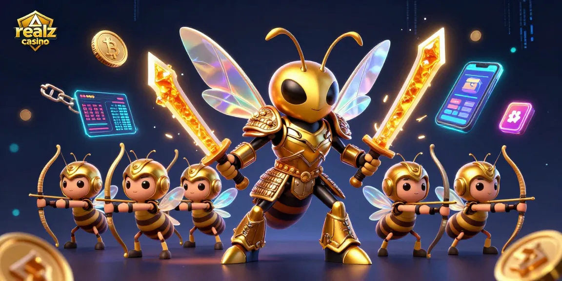 Experience the excitement at realz casino with vibrant crypto-themed scenes featuring a golden hornet warrior.