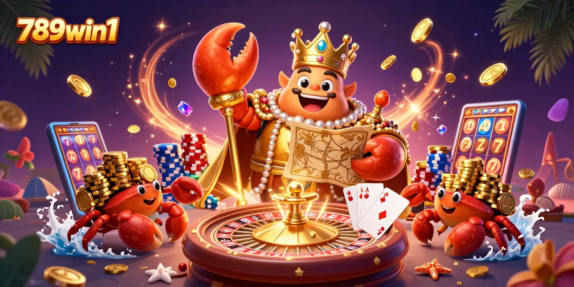 Experience the excitement of 789win1 with animated treasures and games in a dynamic casino scene.