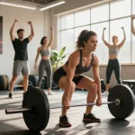 Global Pharma Steroids: Athletin beim Krafttraining im Fitnessstudio mit motivationalen Elementen.