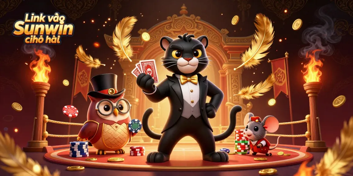 Engage in exciting games with Link vào Sunwin chính thức, featuring a stylish panther dealer and playful casino characters.