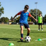 Hochwertiger Trainingsball Fußball in Aktion auf dem Platz, Jugendspieler beim Dribbeln.