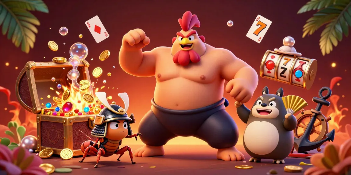Engaging scene showcasing 8XBET featuring a powerful sumo rooster, fierce cricket, and tanuki announcer amid colorful gambling elements.