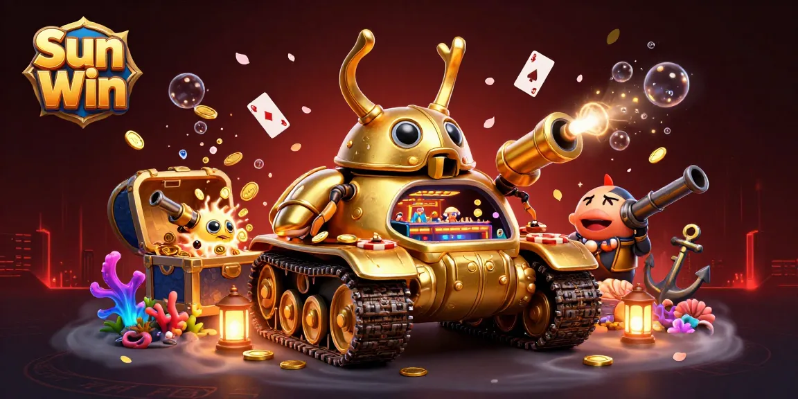 Join the excitement at Sun Win's vibrant casino scene, featuring a unique golden beetle tank filled with games and winnings.