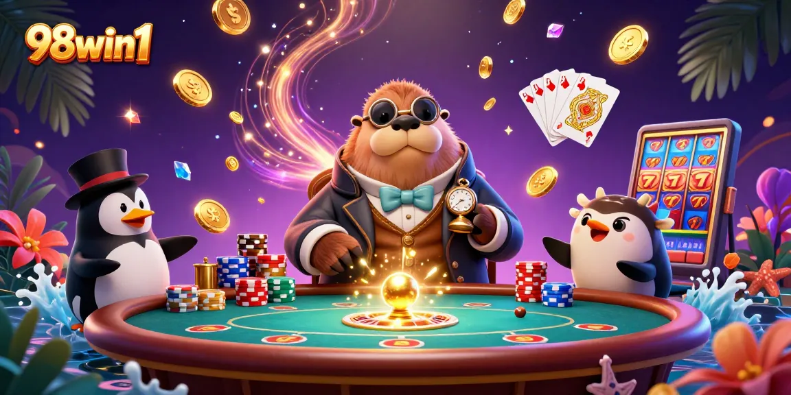 Experience exciting gameplay at 98win1 with underwater poker, vibrant casino elements, and charming characters.