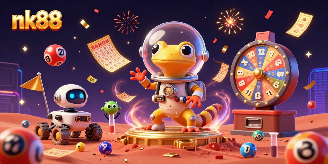 nk88's Martian gecko discovers a buried casino as lottery balls and tickets bounce around in celebration.