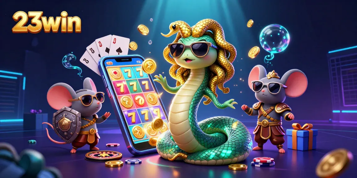 Spin the reels and win big at 23win with a vibrant casino adventure in this 3D illustration.