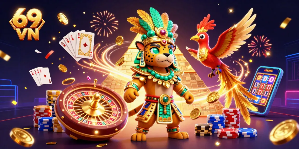 69 VN showcases a vibrant casino scene with a jaguar priest and quetzal bird, surrounded by dynamic gaming elements.